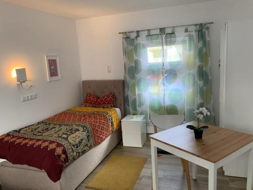 - une chambre avec un lit, une table et une fenêtre dans l'établissement Appartement für Monteure 18qm, à Weiterstadt