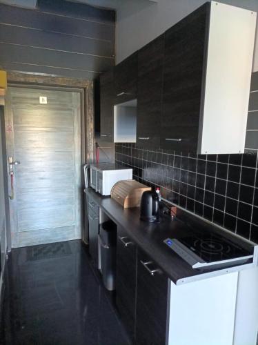 a kitchen with black cabinets and a white microwave at Ostoja Karkonoska in Podgórzyn