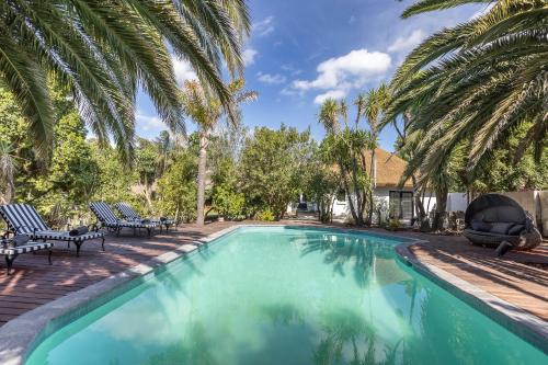 a swimming pool with two chairs and palm trees at Africa Lodge in Somerset West