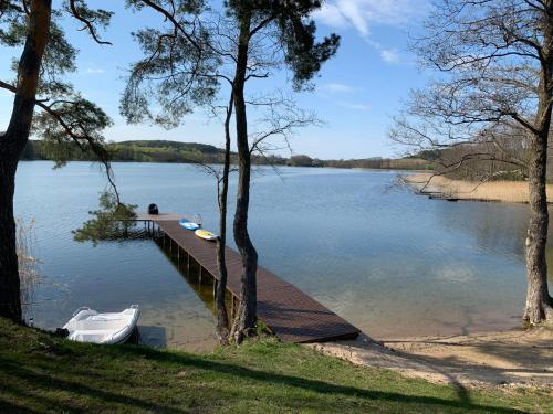 a dock on a lake with a boat on it at Kedras Glamping - Pod tipo nameliai in Prapuntai