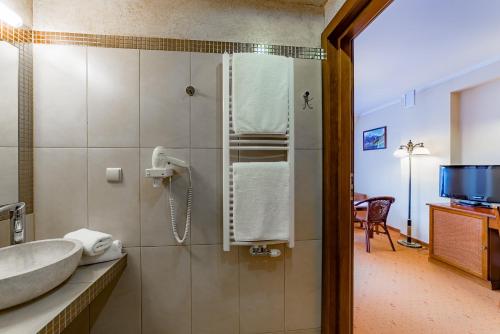 a bathroom with a shower and a sink and a tub at Hotel Burkaty in Białka Tatrzanska