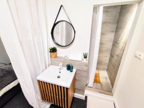 La salle de bains est pourvue d'un lavabo et d'un miroir. dans l'établissement Park Bôrik 4YOU & Free Parking, à Žilina