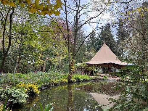 een tent naast een vijver in een tuin bij Slaapwagen Veldzicht in Papenvoort