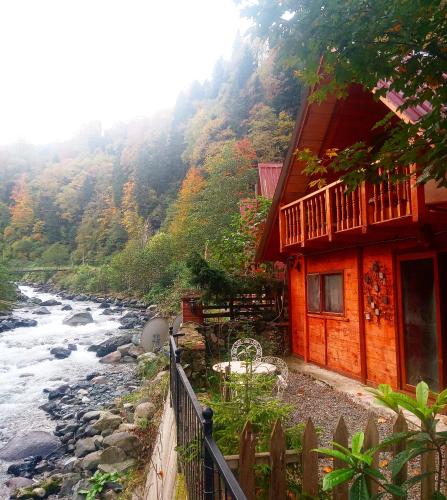 una casa junto a un río junto a una montaña en MJORA Bungalov Ayder, en Güroluk