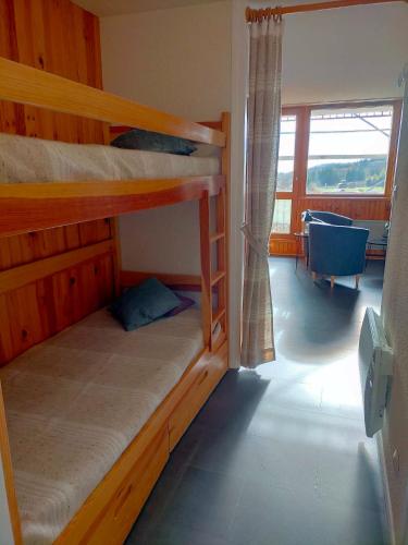une chambre avec deux lits superposés et une fenêtre dans l'établissement Appartement situé en plein centre à deux pas des pistes., à Besse-et-Saint-Anastaise