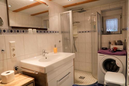 a bathroom with a sink and a washing machine at Moselwinzerhaus in Bruttig-Fankel