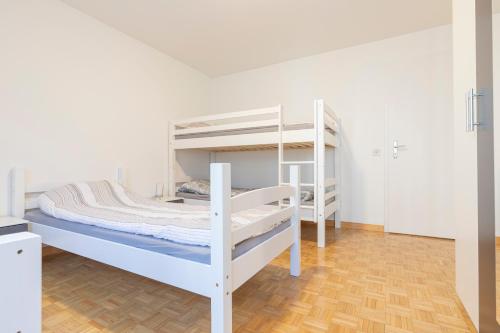 因特拉肯的住宿－Center Appartement Interlaken，一间卧室配有两张双层床。