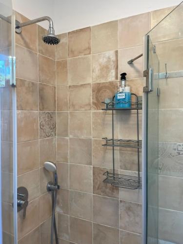 a bathroom with a shower with a glass door at Alma BaHar - charming 2 bdrm house with garden עלמה בהר - דירת אירוח בלב גן פורח in Zikhron Ya‘aqov