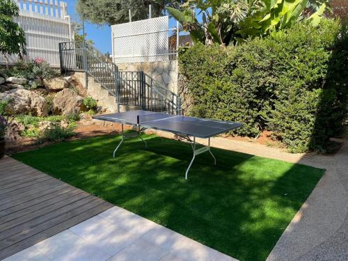 a ping pong table sitting on a patch of grass at Alma BaHar - charming 2 bdrm house with garden עלמה בהר - דירת אירוח בלב גן פורח in Zikhron Ya‘aqov
