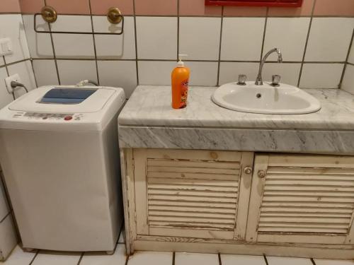 a bathroom with a sink and a washing machine at Tunis Lake View in ‘Izbat an Nāmūs