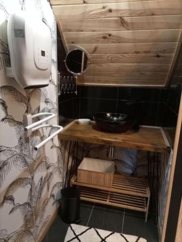 a small bathroom with a table and a sink at Gîte l'estive du Clozel in Besse-en-Chandesse