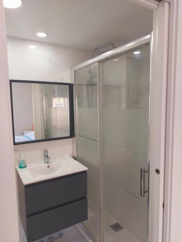 Un baño con lavabo y ducha de cristal. en Apartamento Cuidad Ciencias, en Valencia