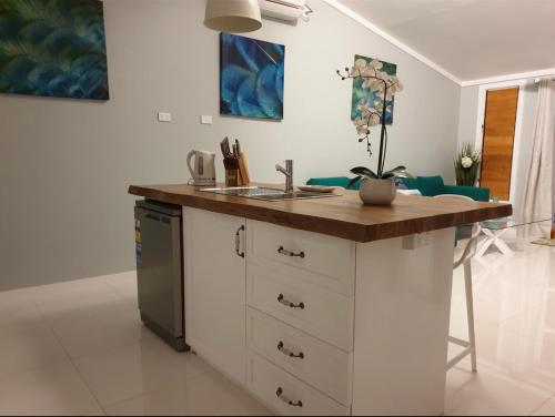 a kitchen with a sink and a counter top at Island Breeze Fiji in Savusavu