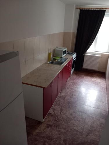 una piccola cucina con un bancone e un microonde di Apartament Giulia a Oradea