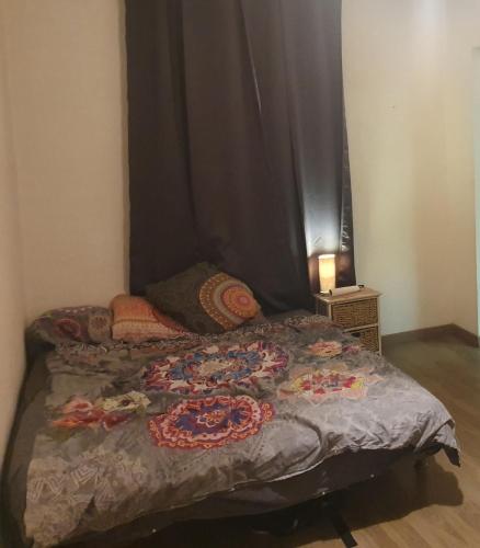 ein Bett in einem Schlafzimmer mit einem schwarzen Vorhang in der Unterkunft Appartement Rdc avec parking privé in Bastia