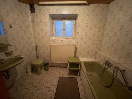 een badkamer met een bad, een toilet en een wastafel bij Rote Apfel in Pfreimd