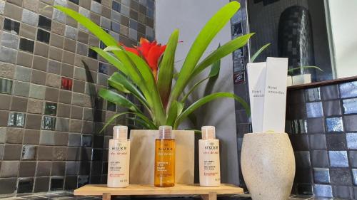 a table with four bottles of shampoo and a plant at Caldera's Majesty in Imerovigli