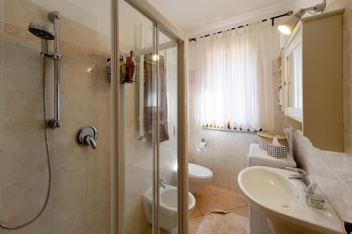 een badkamer met een douche, een toilet en een wastafel bij Villino Nisporto - Goelba in Nisporto