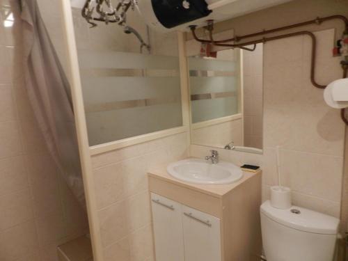 uma casa de banho com um lavatório, um WC e um espelho. em Appartement Le Pleynet, 2 pièces, 5 personnes - FR-1-557A-45 em La Ferrière