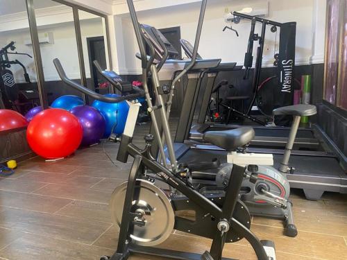 a gym with a exercise bike and some balls at MILTON AVENUE SUITES in Accra