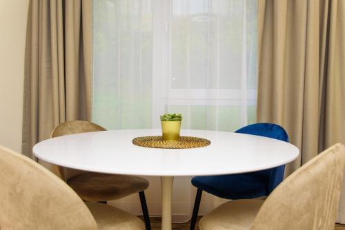 a white table with chairs and a potted plant on it at Hotel TwentyFour Living in Bad Urach