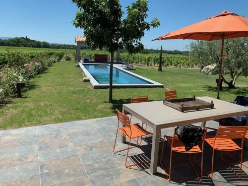 - une table et des chaises avec un parasol et une piscine dans l'établissement Villa le Grangeon à Caromb, à Caromb
