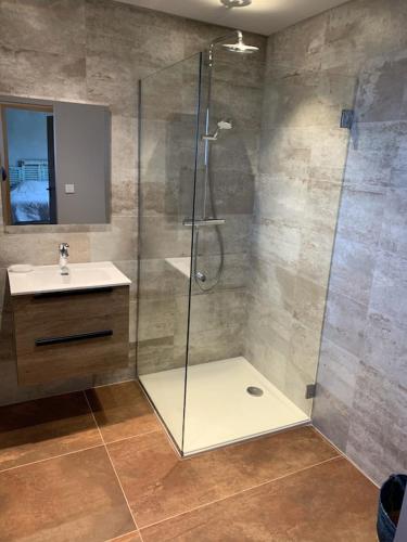 une salle de bain avec une douche en verre et un lavabo dans l'établissement Villa le Grangeon à Caromb, à Caromb