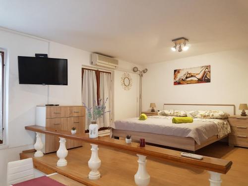 a bedroom with a bed and a flat screen tv at Studio apartman in Jezera