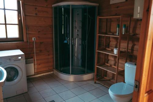 a bathroom with a shower and a washing machine at Adomo Sodyba in Dubingiai
