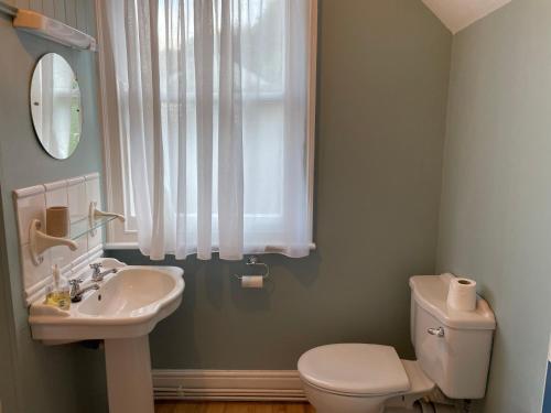 a bathroom with a sink and a toilet and a mirror at Spring View in Little Malvern