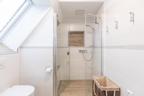 uma casa de banho com um chuveiro e um WC. em Getidenhus Sünn em Sankt Peter-Ording