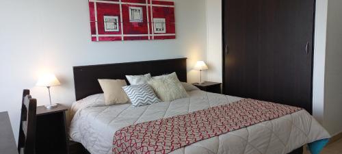 a bedroom with a bed with a red painting on the wall at El encanto del lago in San Carlos de Bariloche