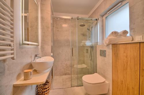 een badkamer met een douche, een toilet en een wastafel bij Apartament Pistacjowy in Szczyrk