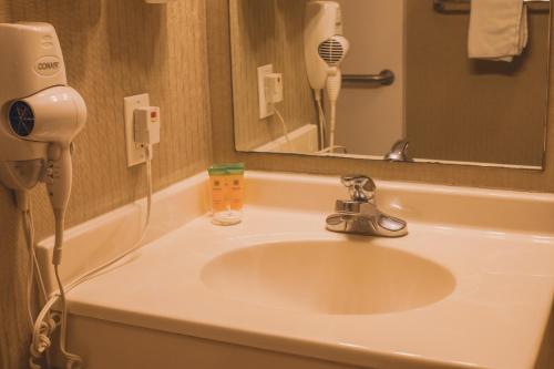a bathroom sink with a hair dryer on the counter at Colfax Inn By Marifah in Colfax