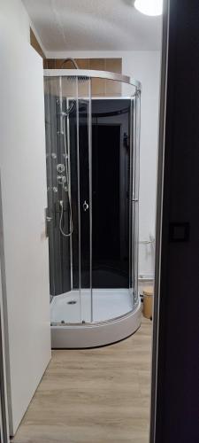 une salle de bain avec une douche en verre dans une chambre dans l'établissement Orcières Rond Point des Pistes 1 Panoramique, Front de Neige, à Orcières