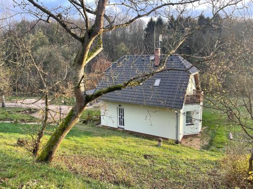 a white house with a black roof in a field at Veselka in Dolní Bousov