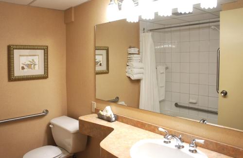 a bathroom with a toilet and a sink and a mirror at Hôtel Castel in Granby