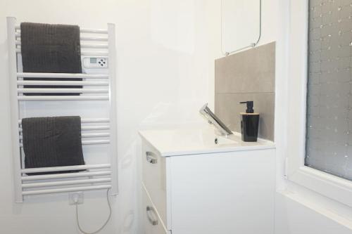 Baño blanco con lavabo y espejo en Coquet STUDIO TOUT ÉQUIPÉ CENTRE VILLE WIFI 2PERS, en Saint-Quentin