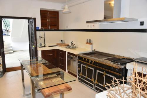 a kitchen with a stove and a glass table at Maison de Jardin Villa in Victoria