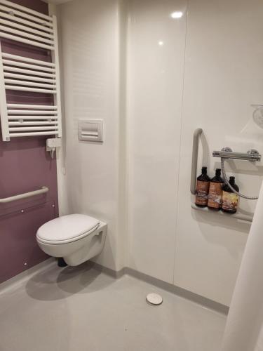 a white bathroom with a toilet and a shower at Theatre House Apartment 13 in Coventry