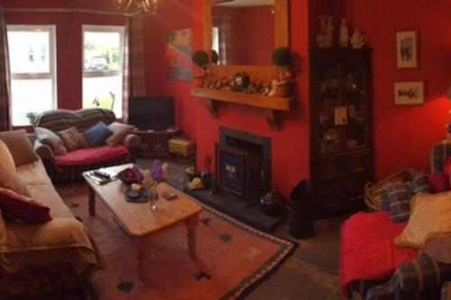 ein Wohnzimmer mit roten Wänden und einem Kamin in der Unterkunft Primrose Cottage, Bushmills - Cosy Self Catering Property in Bushmills