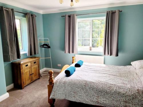 een slaapkamer met een bed met blauwe muren en ramen bij Stunning 2 bedroom cottage on the River Wensum in Earlham