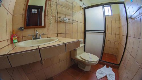 a bathroom with a sink and a toilet and a shower at Condo's Vista Al Volcan in Fortuna