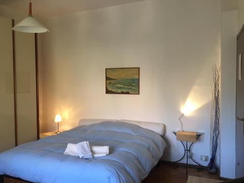 1 dormitorio con 1 cama azul y 2 almohadas en Affittacamere Ferranti di fronte al Centro di Selezione, en Foligno