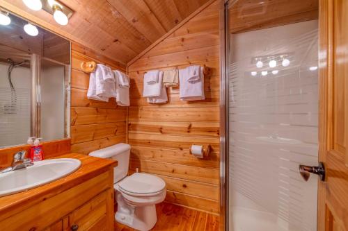 a bathroom with a shower and a toilet and a sink at Mtn Retreat in Angel Fire - Ride 4 Blocks to Lift! in Angel Fire