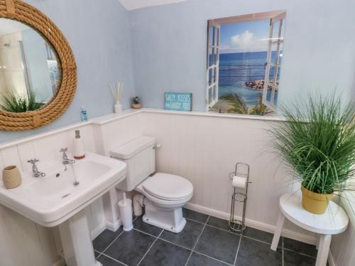 a bathroom with a toilet and a sink and a window at Min Y Ffordd in Goodwick