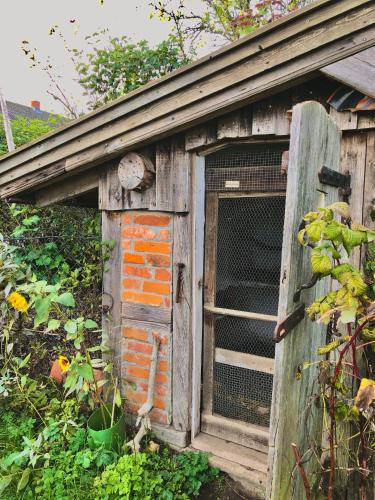 a chicken coop with a window in a garden at Gemütliches Studio-Apartment in Ostseenähe - Cosy Wulfi in Probsteierhagen
