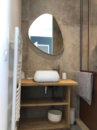 une salle de bain avec un lavabo et un miroir dans l'établissement Nanie - Villa centre-ville, piscine, wifi - La Teste de Buch, à La Teste-de-Buch