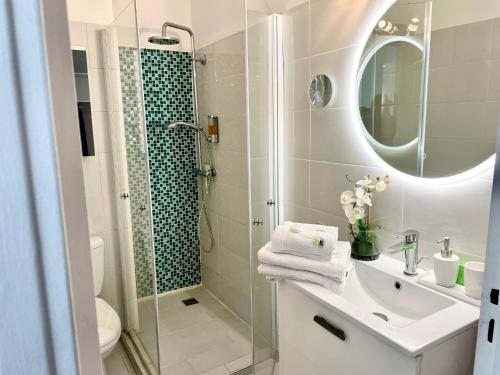 een badkamer met een douche, een wastafel en een spiegel bij Studio Cannes Croisette in Cannes