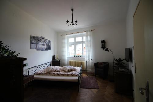 a bedroom with a bed in front of a window at Apartmán Pražská in Jablonec nad Nisou